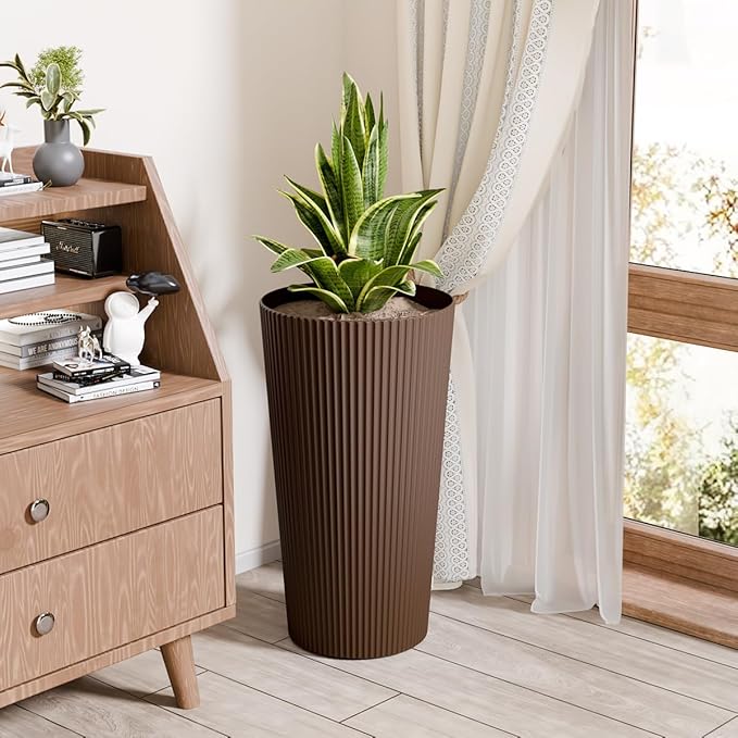 23.6" Tall Outdoor Planters, Set of 2 Large Plastic Flower Pots for Indoor & Outdoor Use, Modern Striped Decorative Garden Planters with Drainage Holes for Patio, Porch, Balcony, Brown