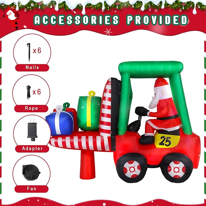 8FT Long Christmas Inflatables Decorations, Outdoor Santa Forklift Truck Decoration, Giant Blow Up with with Built-in LED Lights for Yard Garden Lawn Holiday Decor