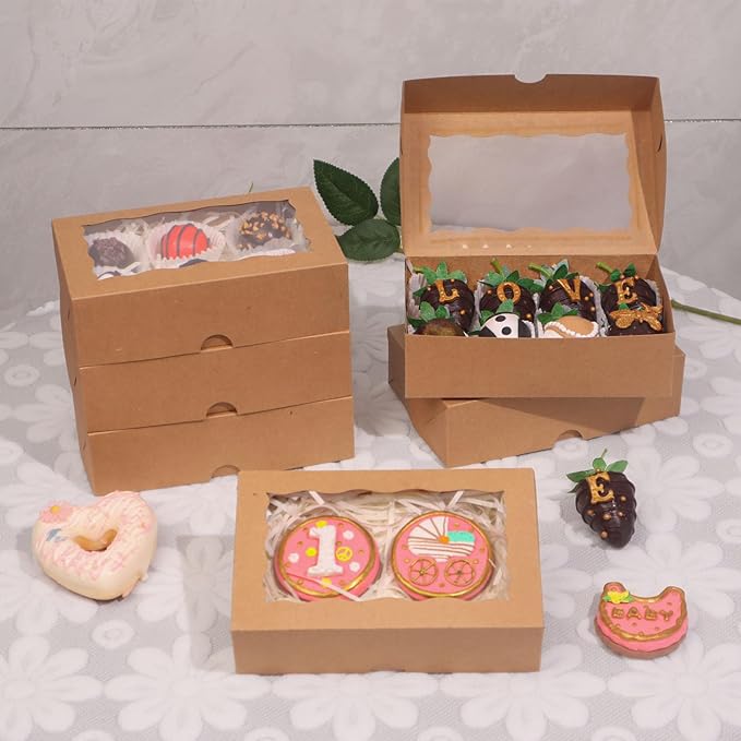 ROSPAKTEK 50pcs Brown Bakery Boxes 7x4.3x2 In - Perfect for Treats, Charcuterie & Festive Gifting (3 Major Holidays)