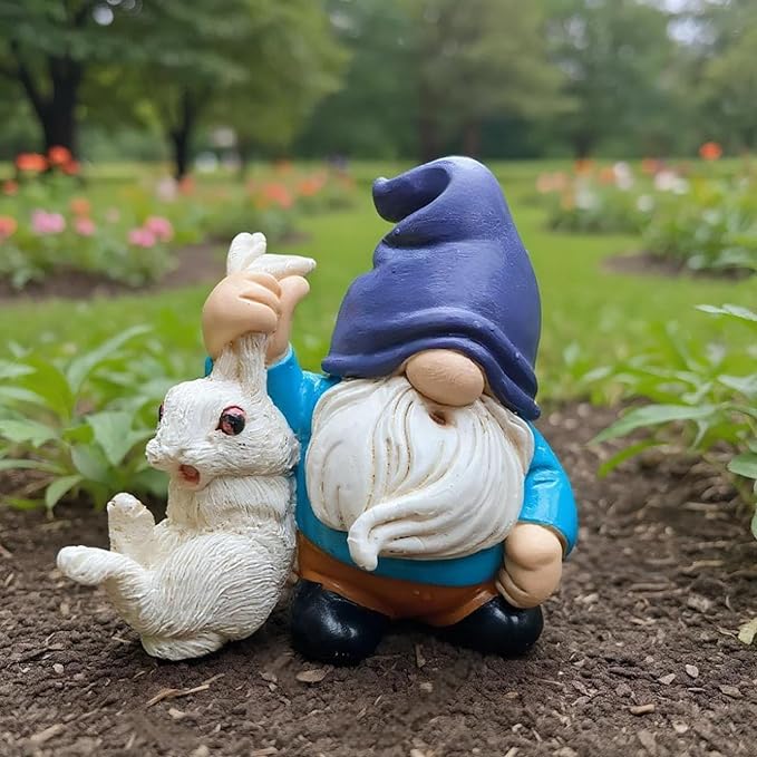 Funny Garden Gnomes with Rabbit Outdoor Statues Gnomes Decorations for Yard Lawn Patio Fairy Garden Figurines Plant Decorations for Pots, Novelty Gifts