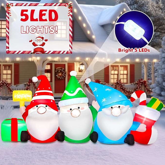 6 FT Long Christmas Inflatable Outdoor Decoration Gnomes with Gift Box & Socks, Funny Merry Xmas Figures Winter Blow Up Yard Decorations Plug in LED Light Up Vacation Outside Front Lawn Garden Decor