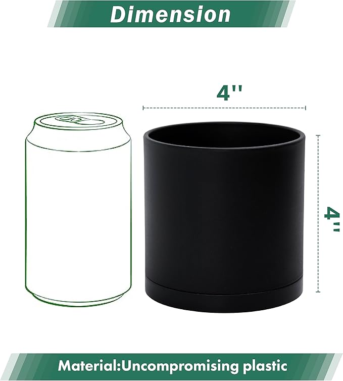 D'vine Dev 6 Pack 4 Inch Modern Plastic Plant Pots, Small Garden Planters for Plant with Drainage Holes and Saucers, Black Color, 74-Y-E-3