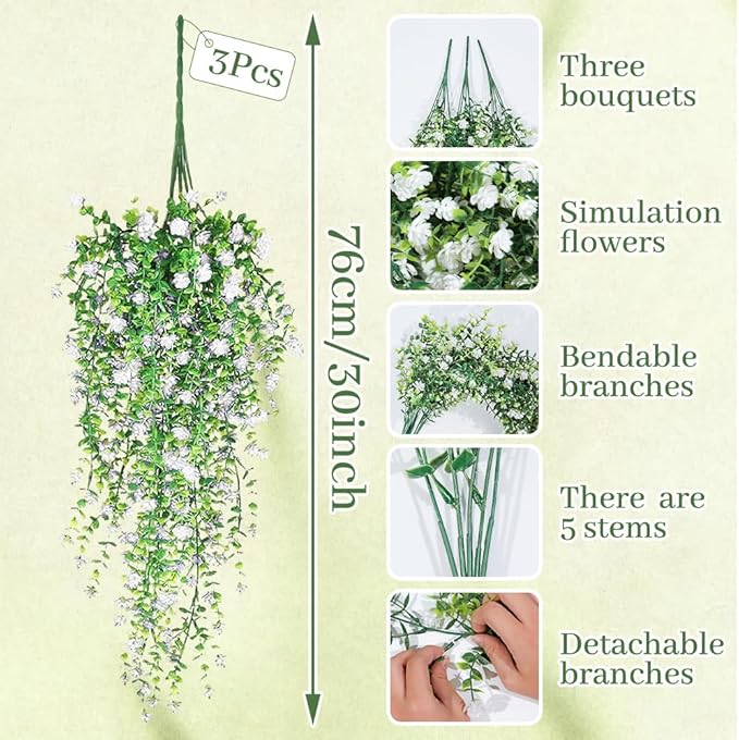 Artificial Hanging Flowers, 3 Pcs Fake Hanging Plants Decor, Artificial Vines for Outdoors, UV Resistant No Fade Artificial Fake Hanging for Indoor Decoration Outdoor Porch Courtyard (White)