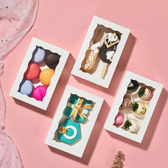 ROSPAKTEK 20pcs 7x4.3x2 Inch White Bakery Boxes with Window for Cookies, Chocolate Truffles, Strawberries, Cakes, Treats & More - Perfect for Easter, Valentine's, Christmas, Birthdays & Parties