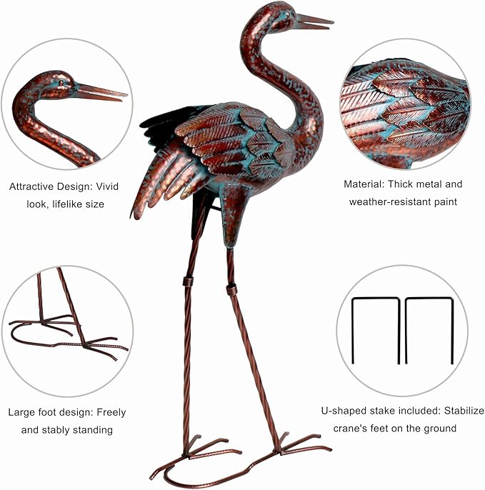 Natelf Garden Crane Statues for Outdoor Standing Patina Heron Decoy Yard Sculptures, Metal Bird Art Ornaments for Patio Lawn Pond Backyard Decorations