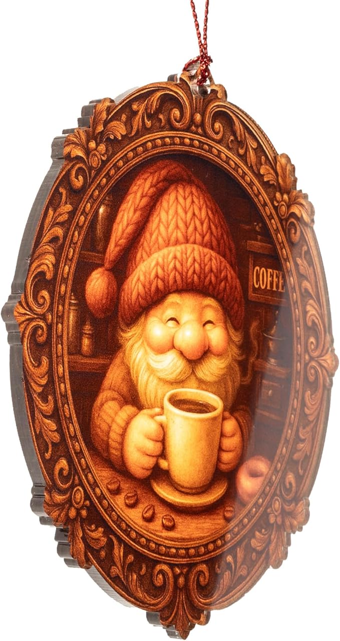 Coffee Ornament – Gnome Decor – Barista Gift – Coffee Lover Christmas Ornament – Holiday Card – Suncatcher Effect Stained Glass Window Hanging – Car Hanging