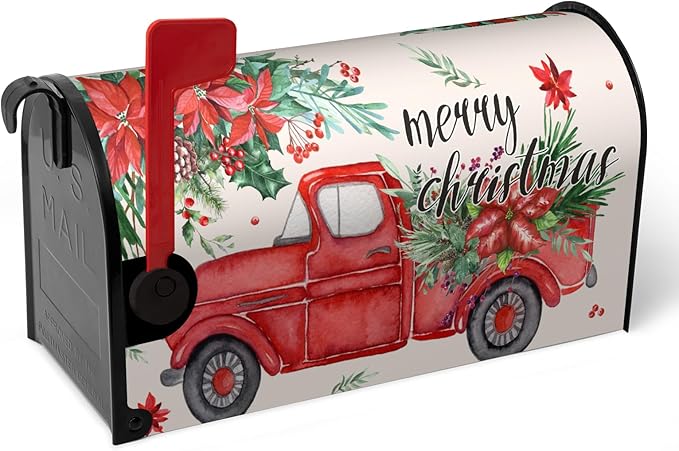 Christmas Red Truck Mailbox Covers Magnetic 21x18 Inches Standard Size Xmas Winter Mailbox Cover Post Letter Box Wraps for Outside Garden Yard Outdoor Christmas Decorations