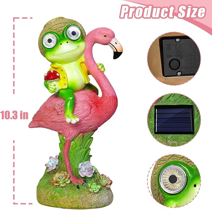 Solar Garden Decor Statue, Waterproof Flamingo Frog Outdoor Figurine with Lights, Cute Christmas Birthday Housewarming Gift for Women, Mom, Grandma, Art Decor for Yard Lawn Ornament