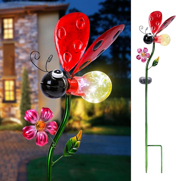 Bshine Solar Ladybug Outdoor Garden Decorative Lights, Waterproof Metal Stake Solar LED Lights Garden Decor Backyard, Pathway, Path, Lawn Ornaments for Mom