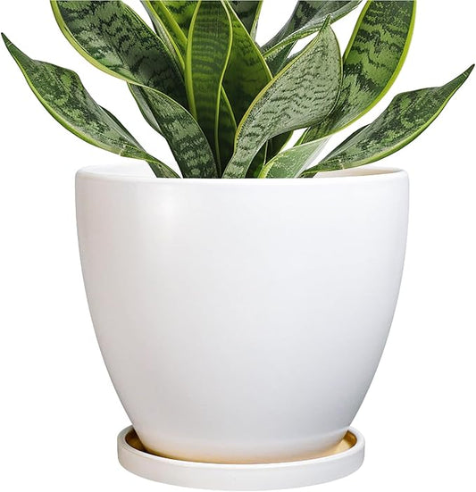 Ceramic Pots for Plants - 6.8 Inch Plant Pot with Drainage Hole and Saucer, Succulent Round Flower Planters for Indoor, Home Decor, White