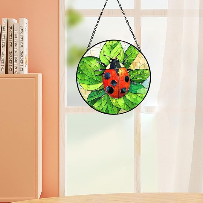 Ladybug Stained Glass Window Hanging, Colorful Ladybug Suncatchers for Windows, Ladybug Suncatcher Gift for Women, Mom, Grandma