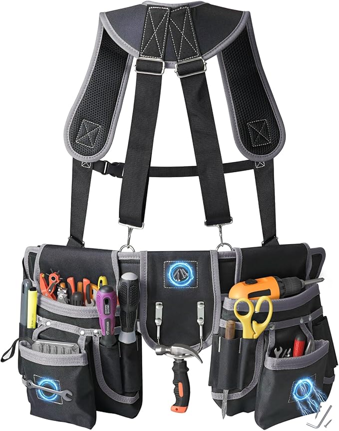 Tool Belts for Men with Suspenders - Magnetic Tool Pouch 26 Pockets Heavy Duty Work Belts - Detachable Adjustable Tool belt Pouch Bag for Electrician, Carpenter, Construction