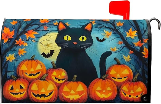 Black Cat Mailbox Covers Magnetic Standard Size 21x18 inch Halloween Pumpkin Mailbox Cover Fall Autumn Pumpkins Maple Leaf Mail Box Wraps for Garden Outdoor Yard Decor