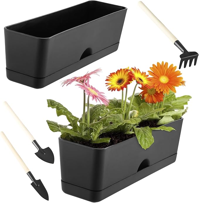 2-Pack Large Window Boxes Planters 16 Inch Rectangle Plant Box Rectangular Planters for Outdoor and Indoor Plants Plastic Windowsill Planter for Herbs Vegetable Flowers Long Window Sill Planters