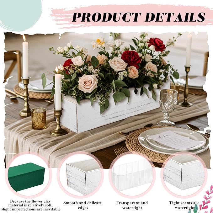 Dandat 5 Set Wood Boxes for Centerpieces 12x4 Inch Rectangle Wooden Planter Box Rustic Wooden Planters with Removable Plastic Liner Floral Foam Blocks for Christmas Wedding Home Garden Decor