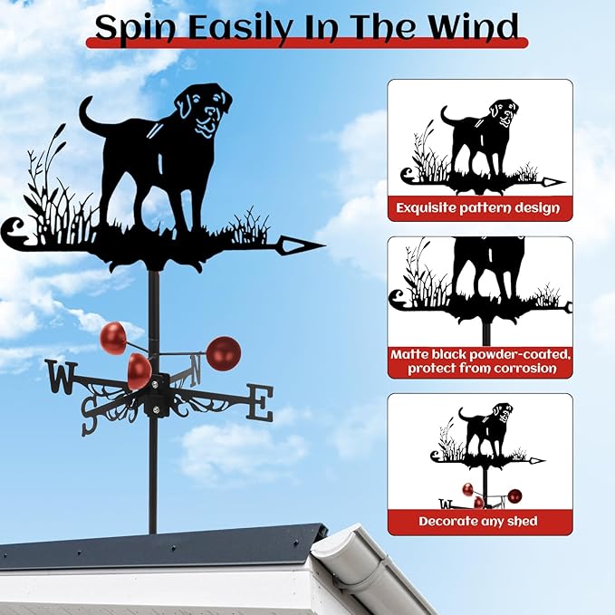 Metal Rooster Weathervane Roof Mount, Rust-Resistant & Durable, Wind Direction Indicators, Decor Weather Vane for Yard, Outside, Garden, Shed, Farmhouse & Chicken Coop (Dog)