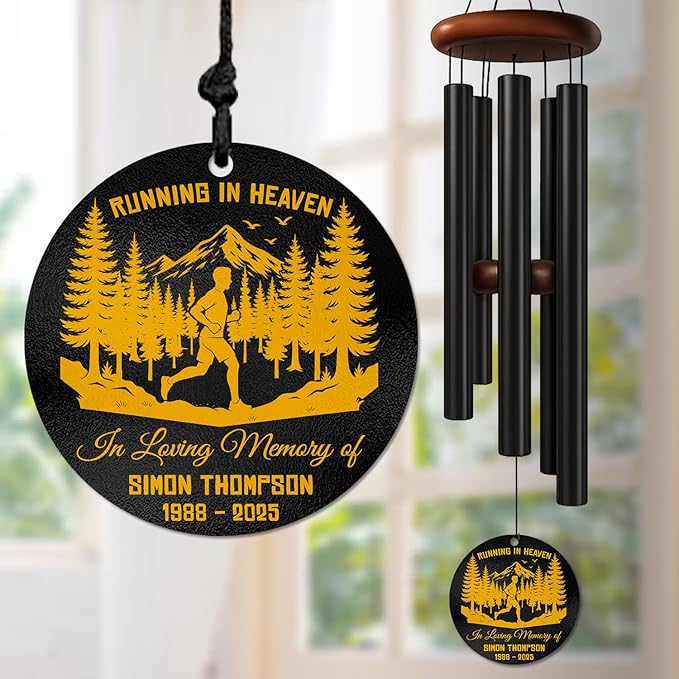 Personalized Running in Heaven Runner Memorial Wind Chimes for Outdoors – Custom Name & Years Remembrance Gift – Memory Chimes for Loss Loved Ones – Sympathy Gifts for Loss & Outdoor Memorial Tribute