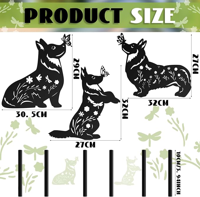 3 Pcs Metal Dog Garden Decor for Outside 12" Puppy Garden Stake Black Silhouette Statues Outdoor Decoration for Animal Lovers Gifts Women Men Patio Lawn Lawn Yard Art(Corgi)