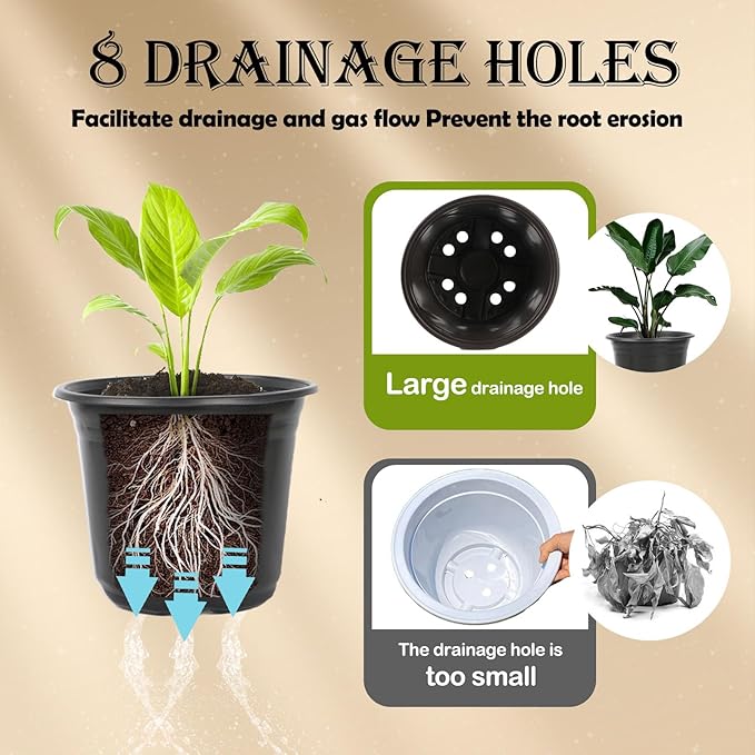 100 Packs Nursery Pots, 4 5 6 Inches Plastic Nursey Pots for Plants with Drainage Holes, Seed Starting Garden Pots of Flower Plant Container for Succulents, Transplanting (100, 6 Inch)