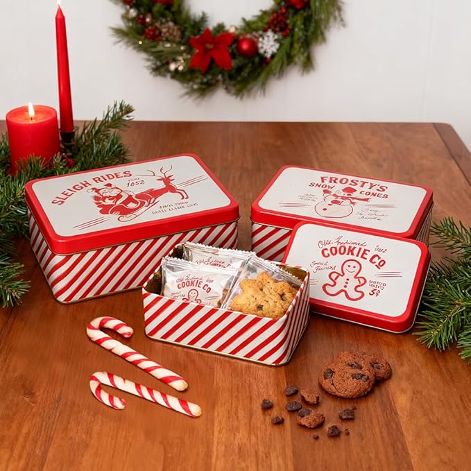 Christmas Cookie Tin Set of 3 Decorative Metal Storage Tin Boxes with Lids for Home Decor Memory Boxes for Keepsakes and Photos(GreyRed)