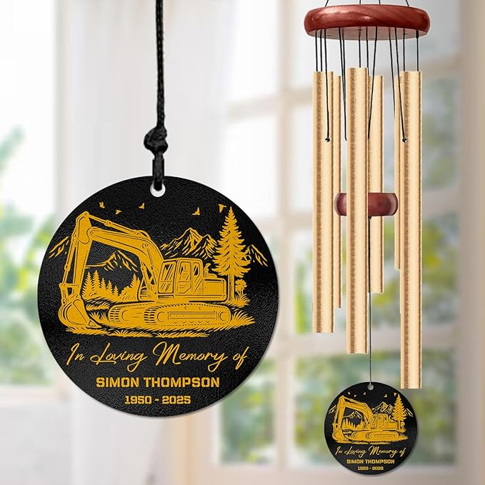 Personalized Excavator Memorial Wind Chime – “in Loving Memory” Custom Engraved Name & Years – Construction Worker Sympathy Gift – Windchime for Loss of Loved One – Equipment Operator Tribute Décor