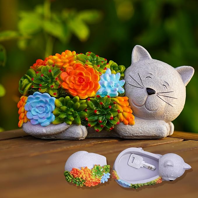 Outdoor Cat Key Hider Statue - Cute Succulent Hide a Key Outdoor Decorative - Small Gift Box for Women, Home Decor & Cat Gifts