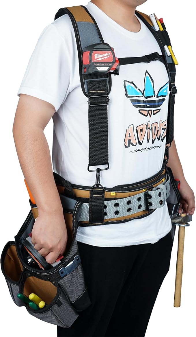 MELOTOUGH Tool Belt with Suspenders Tool Bag Suspenders Framers Comb Apron Tool Belt Construction Tool Pouch Builder Heavy Duty Carpenter Suspension Rig for Electrician, Roofing,Contractor(Khaki)