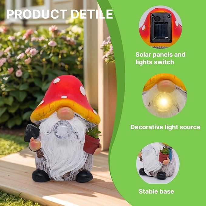 Garden Gnome Statues Decor with Solar Lights, Outdoor Decorations for Yard Porch Lawn Balcony Patio, Housewarming Gifts