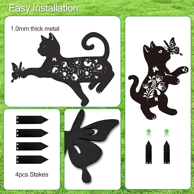Cat Garden Stake Outdoor Set of 2 Metal Black Cat Yard Decor Lawn Ornament, Cute Cat Lover Gift for Women Men, Weather-Resistant Black Cat Silhouette Statues Yard Art for Patio