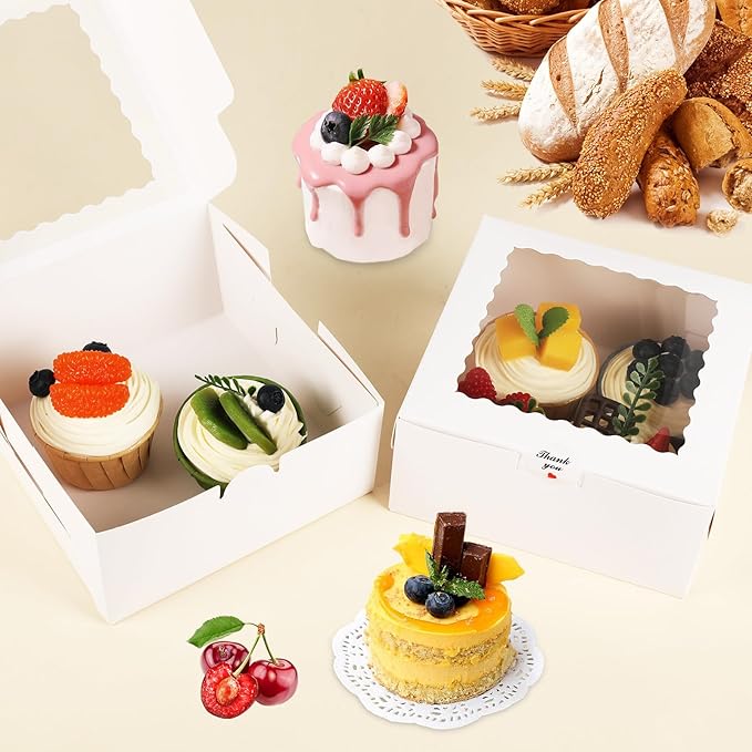 30 Pcs Bakery Boxes with Window, 6x6x3 Inches Cookie Boxes, White Paperboard Treat Boxes for for Pastries, Cookies, Strawberries, Macarons, Desserts, Cupcakes with paper stickers