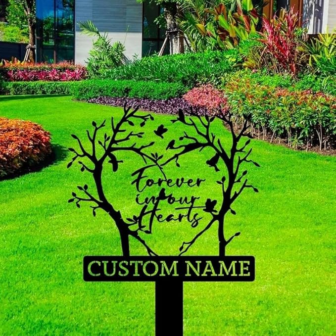 Custom Memorial Grave Stake – Personalized Metal Sign, Tree Heart Garden Stake, Grave Decoration, Yard Outdoor Decor (Tree Heart and Cardinals)