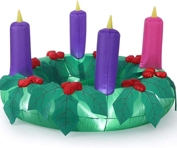 6ft Christmas Outdoor Large Inflatable Advent Wreath Blow up Decor with 4 Candles & LED Lights, Pre Filled Sandbags & Blower for Yard, Church, Lawn Decoration