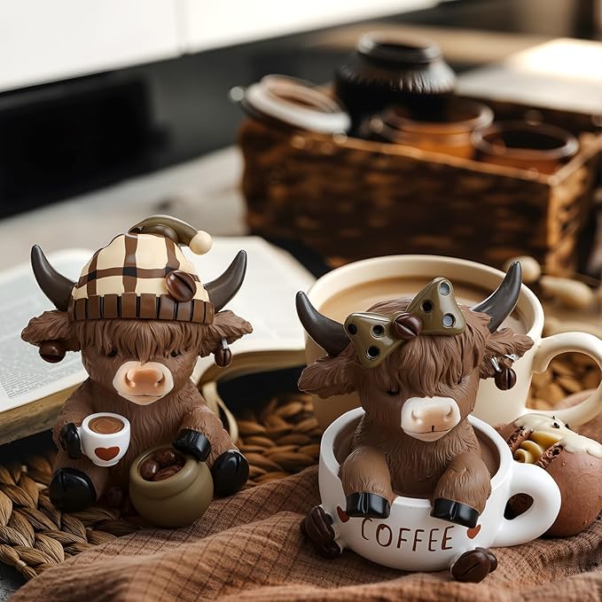 Wesiti 2 Pcs Highland Cow Figurines Coffee Highland Cow Gnomes Scottish Resin Statue Calf Lovers Gifts for Christmas Home Garden Kitchen Office Tiered Tray Table Decor