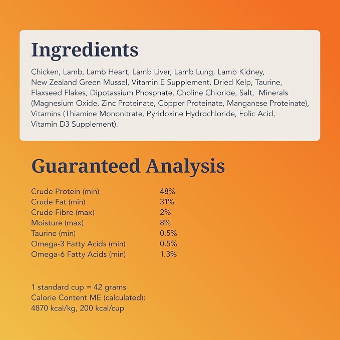 Feline Natural High Protein Dry Cat Food, Freeze-Dried Diet with 98% Meat, Organs & Seafood, No Peas, Grains, or Artificial Additives, Made in New Zealand, Chicken & Lamb, 1.8lb