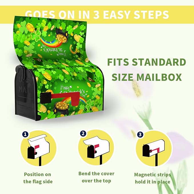 Happy St Patrick's Day Mailbox Cover Magnetic Large Size 25.5" X 21" Shamrock Clovers Rainbow Green Hat Oversized Mailbox Covers Gold Coins Patrick Mail Post Letter Box Wrap Outdoor Decor