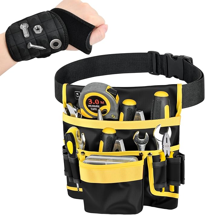 Electrician Tool Belt, Magnetic Waist Tool Belts for Men, Electrician Tool Pouch with 13 Pockets & Wristband for Tools, Adjustable Heavy-Duty Oxford Tool Pouch for Electricians Carpenters Gift