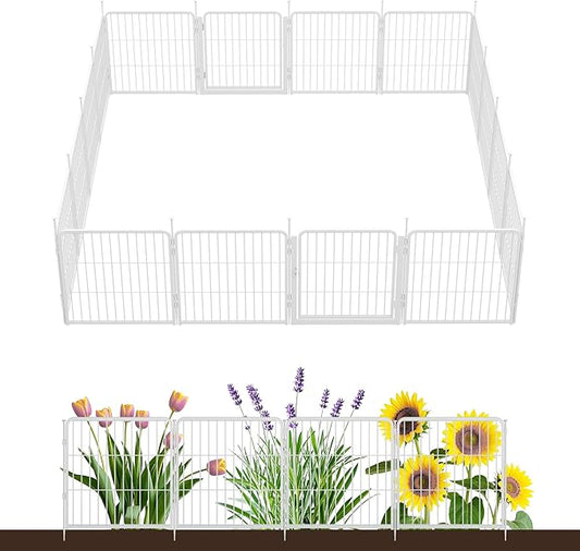 SunsGrove Garden Fence with Gate, 24 in(H) x 29.7 ft(L) 16 Panels Heavy Duty Metal Animal Barrier Fence for Yard, Suitable for Indoor or Outdoor Dog Pet Fence, Garden Fence Border, White