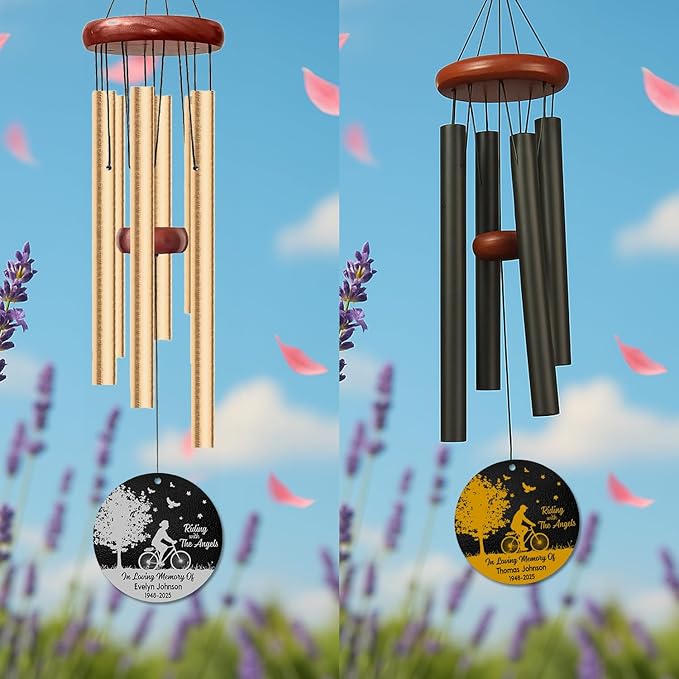Personalized Cyclist Memorial Wind Chime – “Riding with The Angels” Custom Name & Years – Sympathy Gift for Biker Families – Memorial Windchimes for Loss of Loved One – Garden Remembrance Décor