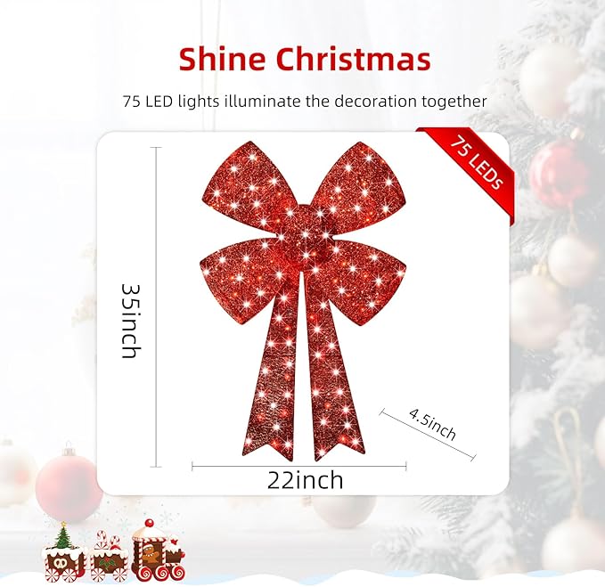 Lighted Giant Christmas Bows Decoration - HOYECHI Lighted Large Outdoor Bows for Wreaths, Outdoor Hanging Christmas Decorations, LED Holiday Yard Décor with 75 Lights - Red