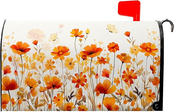 Orange Floral Mailbox Cover Fall Mailbox Covers Magnetic Standard Size 21x18 inch Autumn Beautiful Flower Post Letter Box Cover Mail Box Decorations for Outside Garden