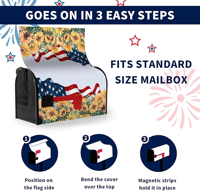 Patriotic Mailbox Cover Magnetic Large Size Summer July 4th Mailbox Wrap America Flag Flower Letterbox Cover USA Independence Day Floral Mail Box Covers Outdoor Decor Oversized 25.5 X 21 Inch