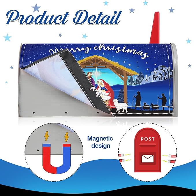 Blosssound Nativity Magnetic Mailbox Cover Merry Christmas Nativity Scene Mailbox Covers Decor Xmas Religious Blue Christmas Post Box Cover Standard Size 21 X18 Inch Garden Yard Outdoor Decoration