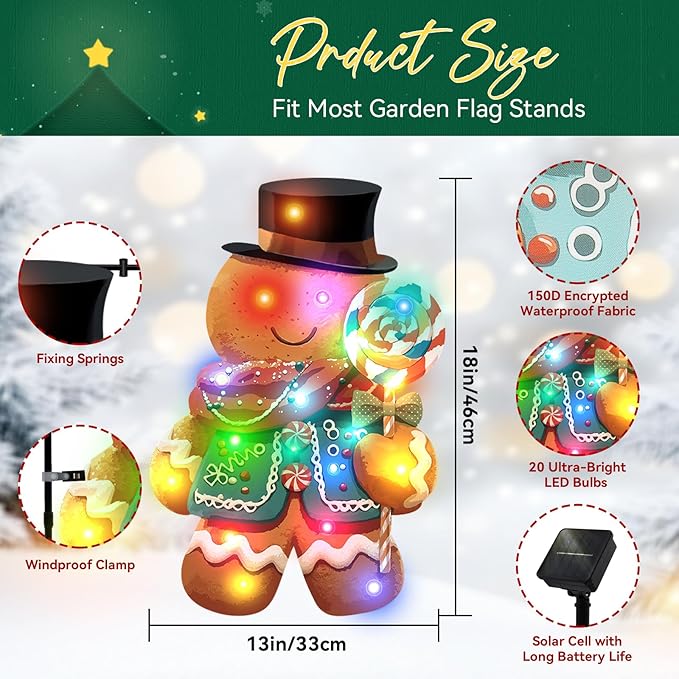 Lighted Christmas Garden Flag - 18x13-inch Waterproof Outdoor Gingerbread Man Christmas Decoration with 24 Glow-in-The-Dark LED in 8 Patterns, Perfect for Yard, Porch, and Lawn Decorations