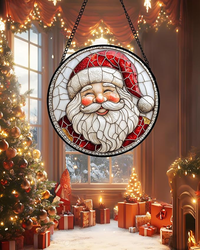 Stained Glass Window Hanging - Red White Santa Claus Suncatcher for Doors Home Christmas Decoration Winter Sun Catcher Thanksgiving New Year Birthday Gifts for Women Men Mom Nana Girl 6.3 in