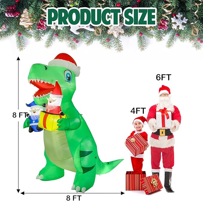 Vipush 8 FT Christmas Inflatable Decorations Dinosaur Christmas Decorations Outdoor Inflatable with LED Light, Outdoor Holiday Decor Blow Up Yard Decor