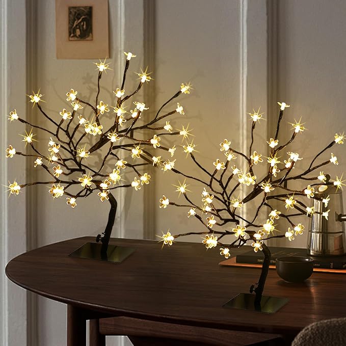 2PK Cherry Blossom Tree Lights,Artificial Bonsai Tree with 48 Warm White Led Lights, 16.2 Inch Prelit Cherry Blossom Lamp for Christmas Party Wedding Gift Home Tabletop Decoration