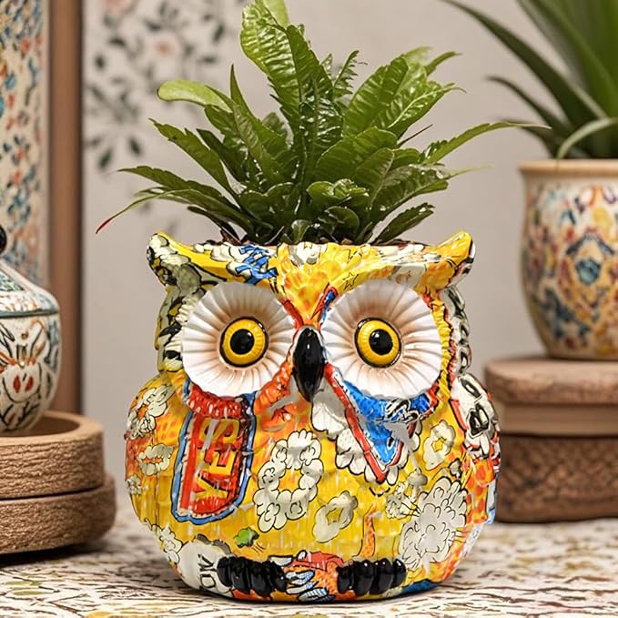 Yellow Owl Planter, Owl Flower Pot, Owl Succulent Pots, Owl Statue Decor, Animal Plant Pots Indoor/Outdoor, Cute Flower Pots with Drainage, Figurine Plant Pot, Decorative Planters Gifts for Women