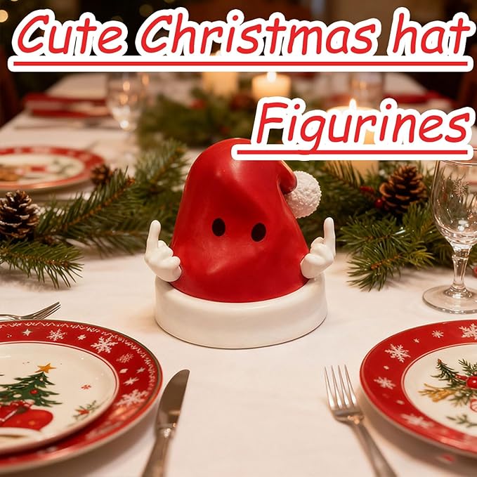 Christmas Hat Figurines Decorations Indoor Cute Xmas Hat Figurines with Gestures Design for Holiday Decor Desktop Decorations for Table Fireplace Mantle Winter Xmas Gifts
