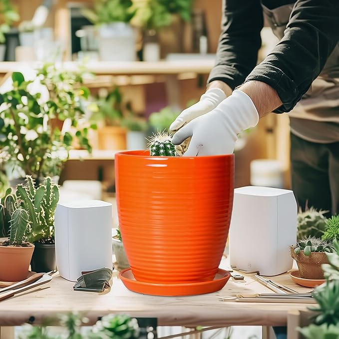 Ceramic Pots for Plants - 8 Inch Plant Pot with Drainage Hole and Saucer, Round Planter for Indoor Outdoor, Modern Flower Planters, Home Apartment Room Decor, Gardening Gifts, Orange