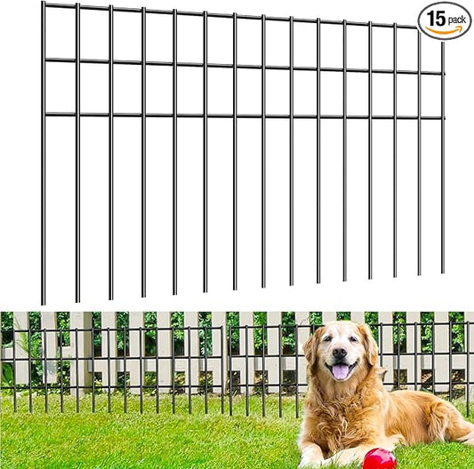 15 Pack 24in(L) X 15in(H) Small/Medium Animal Barrier Fence, 5.5mm Rod with 1.5" Rod Gap, Dog Rabbits Fences Black Metal Fence Panel Ground Stakes for Outdoor Patio. Total 30Ft(L)